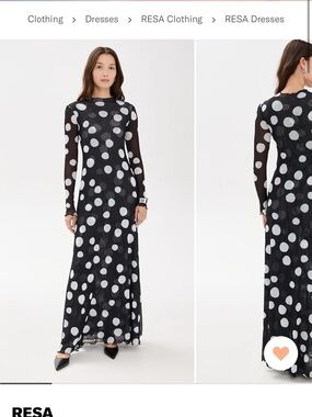 RESA Lyon Black Maxi Dress with White Polka Dots, Long Sheer Sleeves